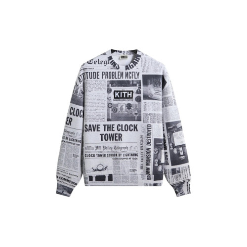 Kith x Back to the Future Newspaper All-Over Printed Nelson Crewneck Light Heather Grey