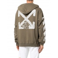 OFF-WHITE Bricks-Print Drop-Shoulder Hoodie Military Green