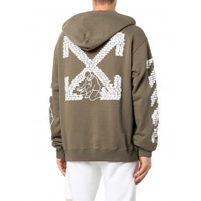 OFF-WHITE Bricks-Print Drop-Shoulder Hoodie Military Green