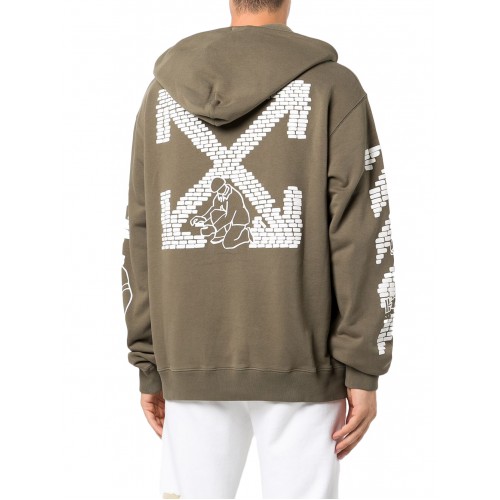 Оригинальный шмот OFF-WHITE Bricks-Print Drop-Shoulder Hoodie Military Green - 70см