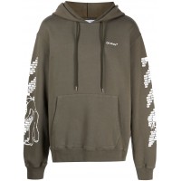 OFF-WHITE Bricks-Print Drop-Shoulder Hoodie Military Green