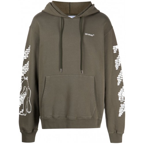 Оригинальный шмот OFF-WHITE Bricks-Print Drop-Shoulder Hoodie Military Green - 70см