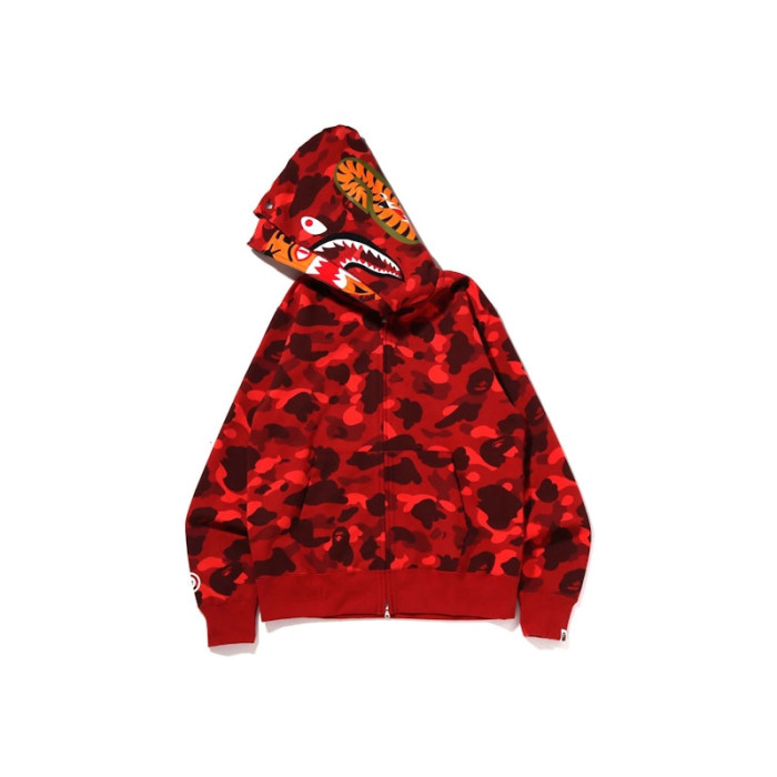 BAPE Color Camo Tiger Shark Wide Full Zip Double Hoodie (SS22) Red