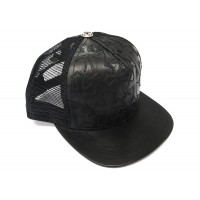 Chrome Hearts Cemetary Cross Leather Stitched Trucker Hat Black