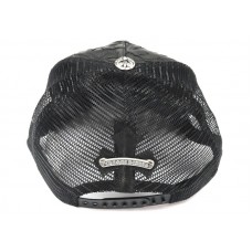 Chrome Hearts Cemetary Cross Leather Stitched Trucker Hat Black