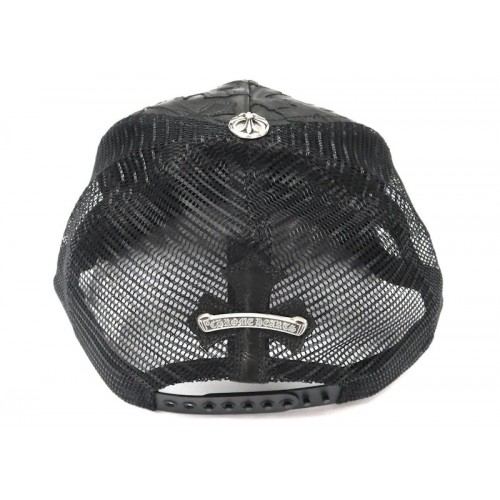 Chrome Hearts Cemetary Cross Leather Stitched Trucker Hat Black