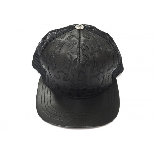 Chrome Hearts Cemetary Cross Leather Stitched Trucker Hat Black