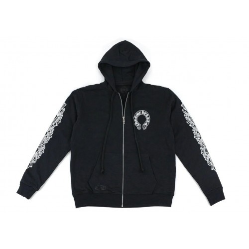 Оригинальный шмот Chrome Hearts Horseshoe Floral Cross Sleeve Zip Up Hoodie Black/White