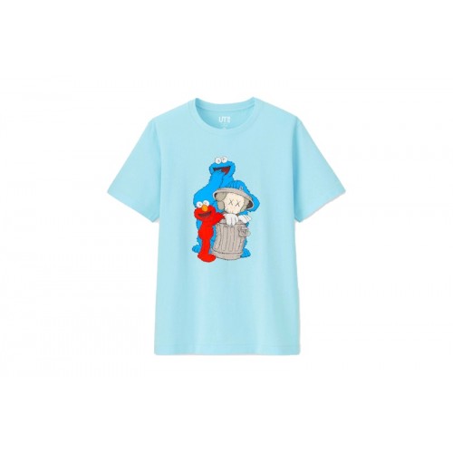 KAWS x Uniqlo x Sesame Street Companion Trash Can Tee Light Blue