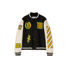 OFF-WHITE Graphics Leather Varsity Jacket Black/White/Yellow/Green