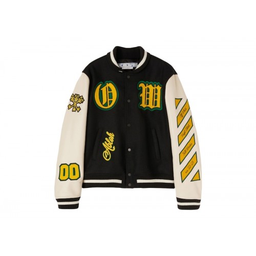 OFF-WHITE Graphics Leather Varsity Jacket Black/White/Yellow/Green OFF-WHITE Graphics Leather Varsity Jacket Black/White/Yellow/Green