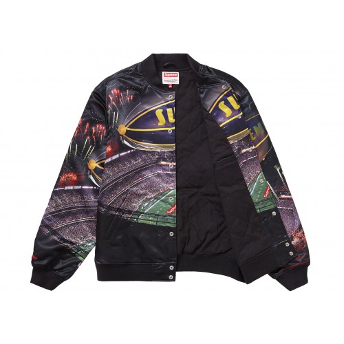 Оригинальный шмот Supreme Mitchell & Ness Stadium Satin Varsity Jacket Black - 70см