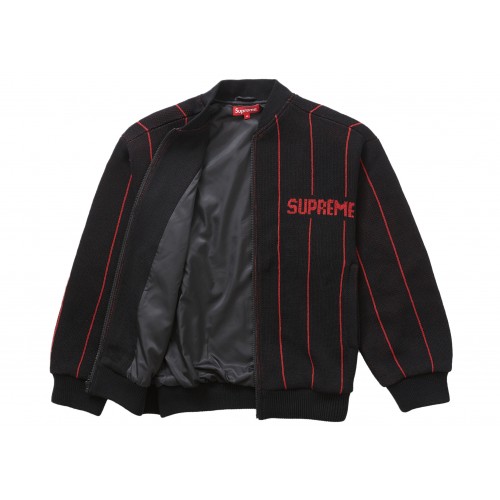 Оригинальный шмот Supreme Pinstripe Varsity Zip Up Sweater Black - 70см