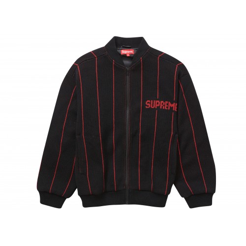 Оригинальный шмот Supreme Pinstripe Varsity Zip Up Sweater Black - 70см