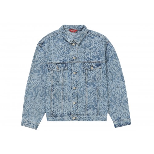 Оригинальный шмот Supreme Script Jacquard Denim Trucker Jacket Washed Blue - 70см
