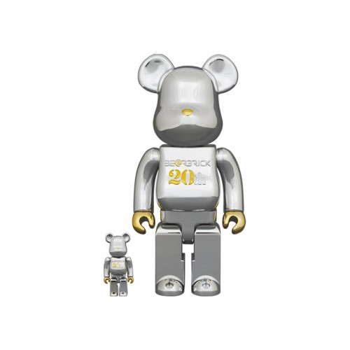 Набор из двух фигурок Bearbrick 20th Anniversary 100% & 400% Set Gold & Silver Chrome Ver. - 7см и 28см.