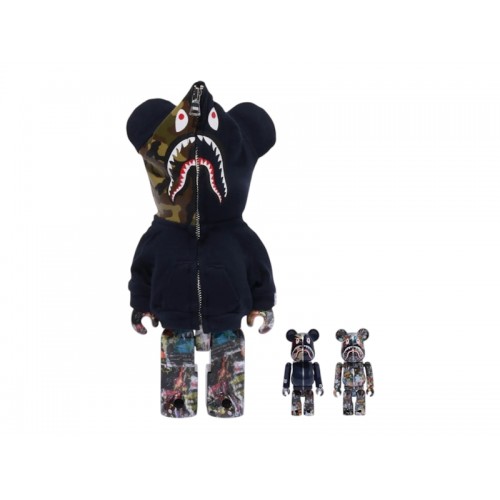 Набор из двух фигурок Bearbrick Bape Legacy Camo Shark 100% & 400% Set Navy - 7см и 28см.