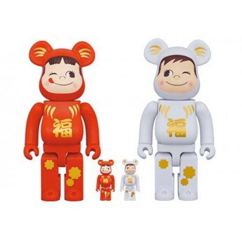 Оригинальный набор фигурок Bearbrick Daruma Peko-chan & Poco-chan 100% & 400% Set of 4 Red/White - 7см и 28см