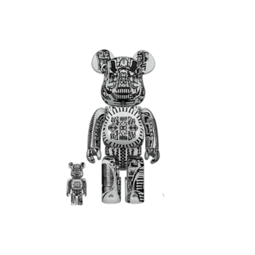 Оригинальный набор фигурок Bearbrick HR GIGER 100% & 400% Set White Chrome - 7см и 28см