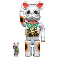 Набор фигурок (7см и 28см) Bearbrick Lucky Cat Good Luck Ten Million Ryo 100% & 400% Set Silver Plated