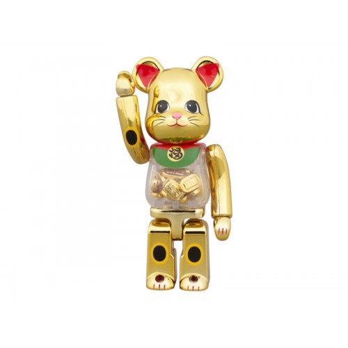 Набор из двух фигурок Bearbrick Lucky Cat Oval Good Luck Gold Plated (Open Eyes) 100% & 400% Set - 7см и 28см.