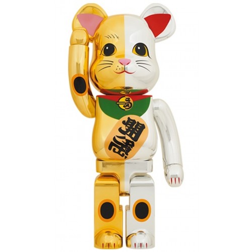 Оригинальная большая фигурка Bearbrick Lucky Cat Ten Million Gold x Good Luck Silver 1000% Gold/Silver - 70см