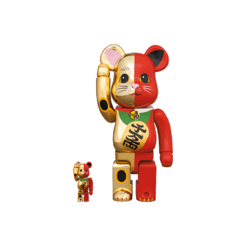 Оригинальный набор фигурок Bearbrick Maneki Neko 100% & 400% Set Gold/Red - 7см и 28см