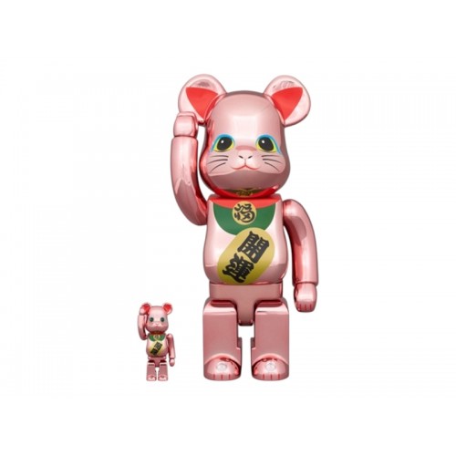 Набор из двух фигурок Bearbrick Maneki Neko Good Luck 2 100% & 400% Set Peach Gold Plated - 7см и 28см.