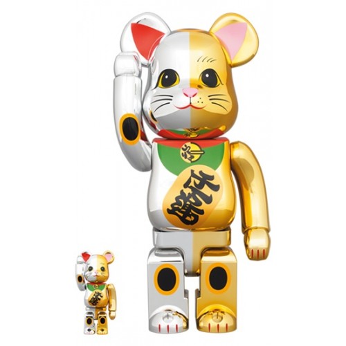 Оригинальный набор фигурок Bearbrick Maneki Neko Good Luck Silver x Ten Million Gold 100% & 400% Set Silver/Gold - 7см и 28см