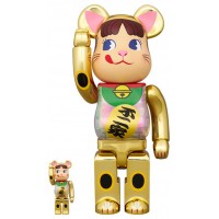 Набор фигурок (7см и 28см) Bearbrick Maneki Neko Peko-Chan Glow in the Dark Milky 100% & 400% Set Gold Plated