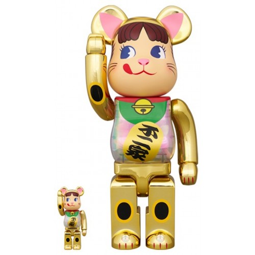 Оригинальный набор фигурок Bearbrick Maneki Neko Peko-Chan Glow in the Dark Milky 100% & 400% Set Gold Plated - 7см и 28см