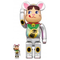 Набор фигурок (7см и 28см) Bearbrick Maneki Neko Peko-Chan Silver Plated Glow In The Dark Milky 100% & 400% Set