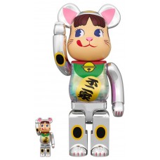 Набор фигурок (7см и 28см) Bearbrick Maneki Neko Peko-Chan Silver Plated Glow In The Dark Milky 100% & 400% Set