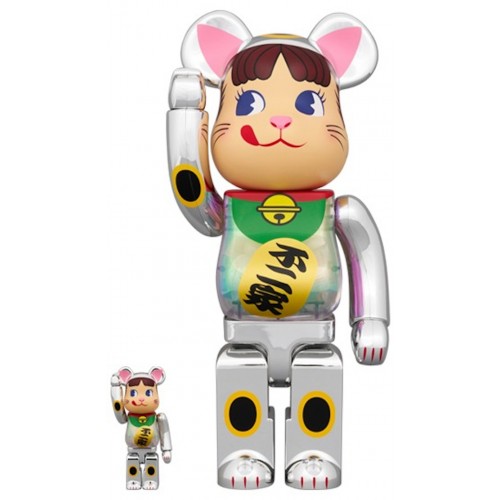 Оригинальный набор фигурок Bearbrick Maneki Neko Peko-Chan Silver Plated Glow In The Dark Milky 100% & 400% Set - 7см и 28см