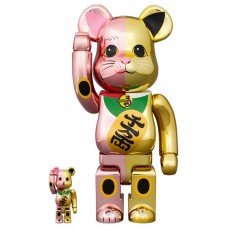 Набор фигурок (7см и 28см) Bearbrick Maneki Neko Ten Man Ryo 100% & 400% Set Pink/Gold Plated