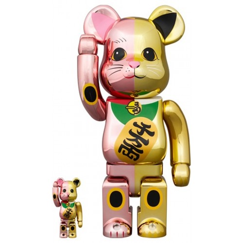 Оригинальный набор фигурок Bearbrick Maneki Neko Ten Man Ryo 100% & 400% Set Pink/Gold Plated - 7см и 28см
