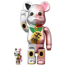 Набор фигурок (7см и 28см) Bearbrick Maneki Neko Ten Man Ryo 100% & 400% Set Silver/Pink Plated