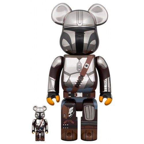 Оригинальный набор фигурок Bearbrick Star Wars The Mandalorian 100% & 400% Set Chrome - 7см и 28см