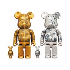 Набор фигурок (7см и 28см) Bearbrick x BAPE Camo Shark 100% & 400% 4-Pc Set Gold/Silver