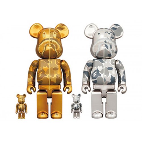 Оригинальный набор фигурок Bearbrick x BAPE Camo Shark 100% & 400% 4-Pc Set Gold/Silver - 7см и 28см