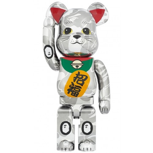 Оригинальная большая фигурка Bearbrick x BAPE Maneki Neko 1000% Silver Plated - 70см