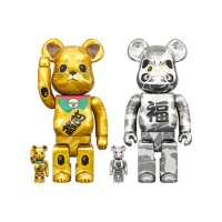 Фигурка (28см) Bearbrick x BAPE Maneki Neko & Daruma 100% & 400% 4-Pc Set Gold & Silver Plated