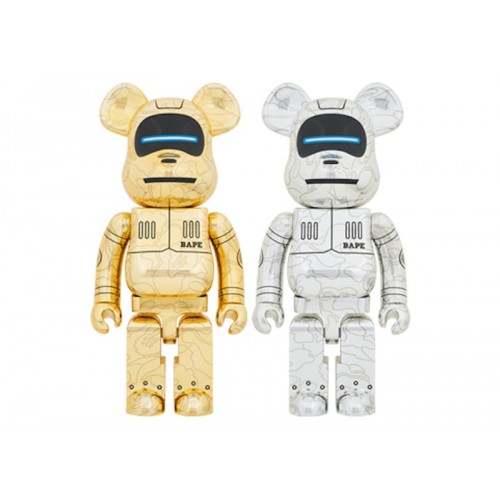 Оригинальная большая фигурка Bearbrick x BAPE x Hajime Sorayama Baby Milo 1000% 2x Set Gold/Silver - 70см
