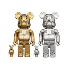 Набор фигурок (7см и 28см) Bearbrick x BAPE x Hajime Sorayama Camo Shark 100% & 400% 4-Pc Set Gold & Silver