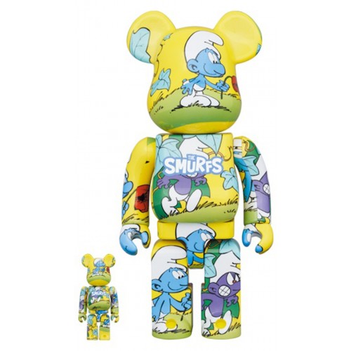 Оригинальный набор фигурок Bearbrick x The Smurfs (The Purple Smurfs) 100% & 400% Set Yellow - 7см и 28см