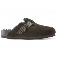 Birkenstock Boston Shearling Suede Reptile Embossed Strap Mocha Brown Black