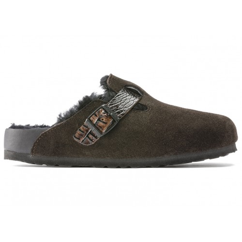 Birkenstock Boston Shearling Suede Reptile Embossed Strap Mocha Brown Black - мужская сетка размеров