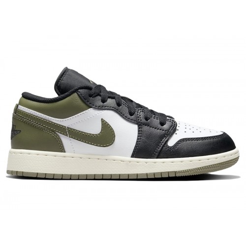 Кроссы Jordan 1 Low Black Toe Medium Olive (GS) - подростковая сетка размеров