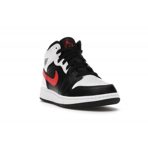 Кроссы Jordan 1 Mid White Black Chile Red (GS) - подростковая сетка размеров