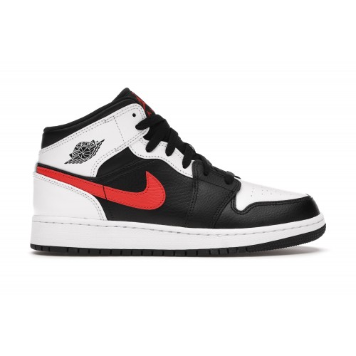 Кроссы Jordan 1 Mid White Black Chile Red (GS) - подростковая сетка размеров